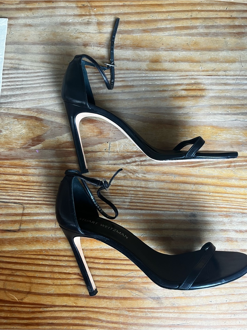 Stuart Weitzman Black Leather Ankle-Strap Stiletto Sandals
